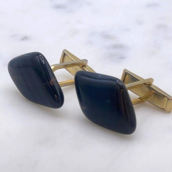 Unknown Gemstone Stone Accent Translucent Black Gold Mens Whale Back Cufflinks - Picture 1 of 8